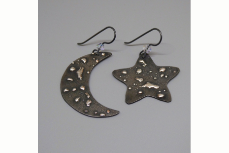 Steel Crescent Moon and Star Earrings w/ Sterling Silver Constellation